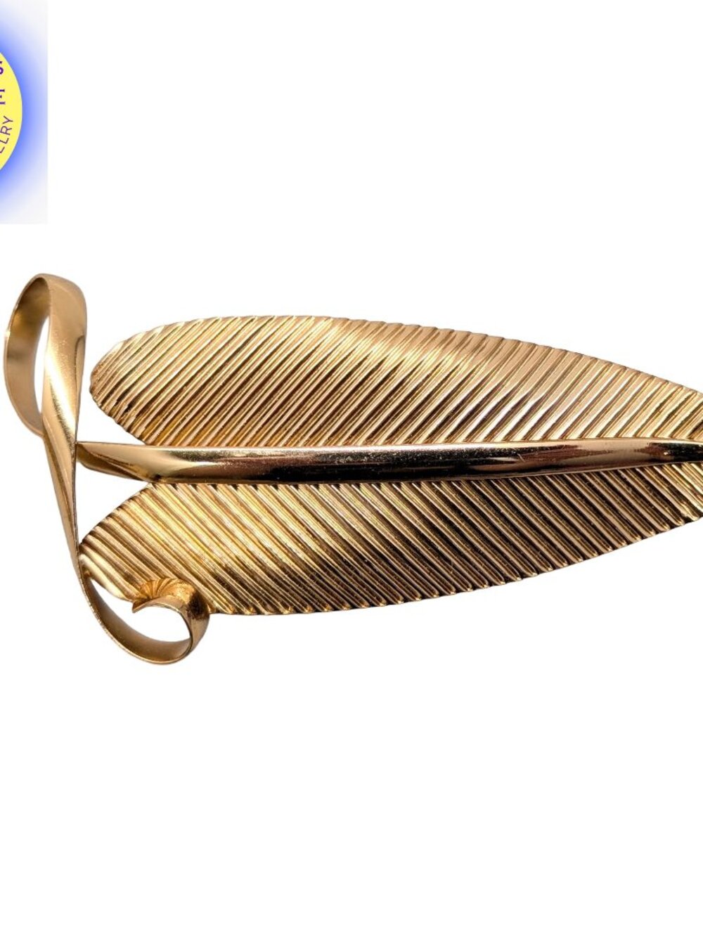 Vintage 1950s Signed Napier Goldtone Ribbed Leaf Curled Stem Brooch